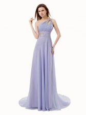  One Shoulder Lavender Sleeveless Floor Length Beading Zipper Prom Dress