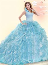 Adorable Backless Aqua Blue Quinceanera Gown Organza Brush Train Sleeveless Beading and Ruffles