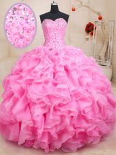  Rose Pink Organza Lace Up Sweetheart Sleeveless Floor Length Sweet 16 Dress Beading and Ruffles