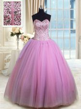 Eye-catching Lilac Sweetheart Neckline Beading and Ruching Quince Ball Gowns Sleeveless Lace Up