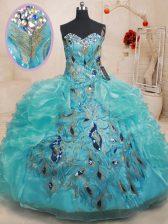 Classical Organza Sweetheart Sleeveless Zipper Beading and Embroidery and Ruffles 15 Quinceanera Dress in Teal
