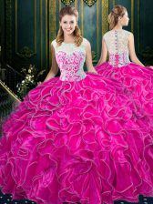  Fuchsia Ball Gowns Organza Scoop Sleeveless Lace and Ruffles Floor Length Zipper Quinceanera Dresses