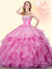 Vintage Rose Pink Ball Gowns Sweetheart Sleeveless Organza Floor Length Lace Up Beading and Ruffles Quinceanera Dresses