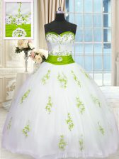 Modern Sweetheart Sleeveless Quince Ball Gowns Floor Length Appliques and Belt White Tulle