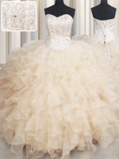  Sleeveless Organza Floor Length Lace Up Quinceanera Dress in Champagne with Beading and Ruffles