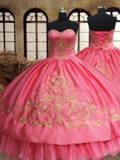 Fashionable Pink Sleeveless Beading and Embroidery Floor Length Quinceanera Gown