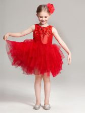 Pretty Scoop Tulle Sleeveless Mini Length Flower Girl Dresses and Appliques and Ruffles