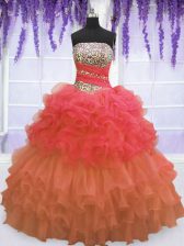  Multi-color Sleeveless Floor Length Beading and Ruffled Layers and Pick Ups Lace Up 15 Quinceanera Dress