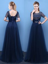  Scoop Navy Blue Short Sleeves Floor Length Beading Lace Up Prom Dresses