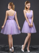 One Shoulder Sleeveless Court Dresses for Sweet 16 Mini Length Lace Lavender Organza