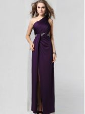 Custom Fit One Shoulder Sleeveless Prom Evening Gown Floor Length Beading Purple Elastic Woven Satin