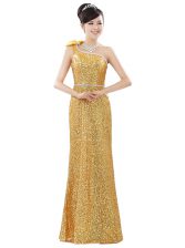  One Shoulder Sleeveless Floor Length Beading and Sequins Zipper Prom Dress with Gold