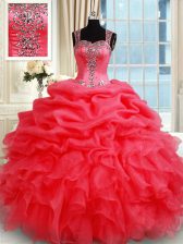 Dynamic Straps Sleeveless 15 Quinceanera Dress Floor Length Beading and Ruffles and Pick Ups Coral Red Organza