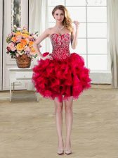 Low Price Red Sleeveless Mini Length Beading and Ruffles Lace Up Prom Gown