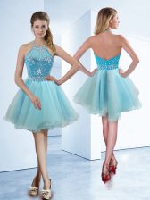 Graceful Light Blue A-line Organza Halter Top Sleeveless Beading Knee Length Zipper Evening Dress