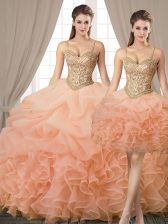 Trendy Three Piece Peach Spaghetti Straps Neckline Beading and Ruffles and Pick Ups Sweet 16 Quinceanera Dress Sleeveless Lace Up