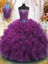 Clearance Strapless Sleeveless Quinceanera Dress Floor Length Beading and Ruffles Purple Organza