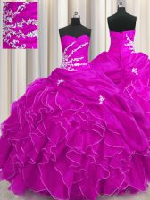  Floor Length Lace Up Quinceanera Gown Fuchsia for Military Ball and Sweet 16 and Quinceanera with Beading and Appliques and Ruffles