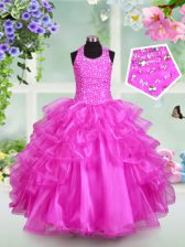 Modern Halter Top Sleeveless Organza Girls Pageant Dresses Beading and Ruffled Layers Lace Up