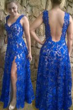  Blue Backless V-neck Lace Prom Evening Gown Lace Sleeveless
