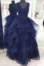 High End Navy Blue Organza Backless Prom Gown Sleeveless Floor Length Beading and Appliques and Ruffles