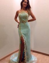  Lace Turquoise Prom Dresses Prom with Beading Scoop Sleeveless Brush Train Zipper