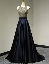  Halter Top Sleeveless With Train Beading Backless Prom Dresses with Navy Blue Brush Train
