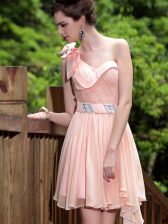 Pink Column/Sheath Chiffon One Shoulder Sleeveless Beading Floor Length Side Zipper Prom Dresses
