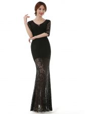 Spectacular Scoop Lace Prom Evening Gown Black Zipper Half Sleeves Ankle Length