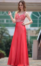 Glorious Sleeveless Chiffon Floor Length Side Zipper Prom Evening Gown in Red with Appliques
