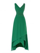 Unique Green Empire Chiffon V-neck Sleeveless Beading and Ruching Asymmetrical Zipper Prom Gown