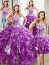 Dynamic Four Piece Purple Lace Up Sweetheart Beading and Ruffles and Sequins Ball Gown Prom Dress Organza Sleeveless