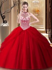 Nice Halter Top Sleeveless Brush Train Lace Up With Train Beading and Pick Ups Quince Ball Gowns