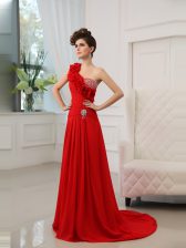 Lovely One Shoulder Red Column/Sheath Beading and Hand Made Flower Homecoming Dress Zipper Satin Sleeveless With Train