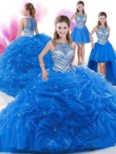  Four Piece Floor Length Zipper Sweet 16 Dress Royal Blue for Military Ball and Sweet 16 and Quinceanera with Beading and Pick Ups