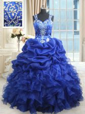 Exceptional Straps Floor Length Zipper 15th Birthday Dress Royal Blue for Military Ball and Sweet 16 and Quinceanera with Beading and Ruffles and Pick Ups