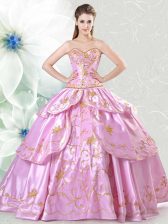 Flirting Sweetheart Sleeveless Satin Quinceanera Gowns Embroidery Lace Up