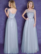 Lovely Scoop Cap Sleeves Floor Length Appliques and Bowknot Lace Up Quinceanera Court Dresses with Grey
