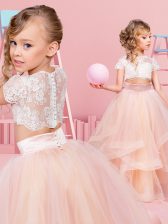 Tulle Scoop Short Sleeves Clasp Handle Lace and Ruffles Flower Girl Dress in Peach