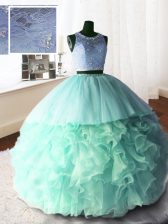 Decent Scoop With Train Apple Green Quinceanera Gown Organza and Tulle and Lace Brush Train Sleeveless Beading and Lace and Ruffles