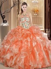 Suitable Orange Organza Backless Scoop Sleeveless Floor Length Quinceanera Gowns Embroidery and Ruffles