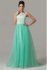Beauteous Scoop Turquoise Sleeveless Floor Length Lace Criss Cross Prom Dresses