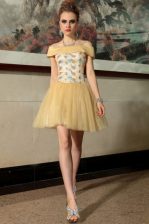 Hot Sale Gold Prom Dress Prom and Party with Beading Spaghetti Straps Cap Sleeves Side Zipper