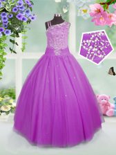 Custom Design Lilac Lace Up Asymmetric Beading Little Girls Pageant Dress Tulle Sleeveless