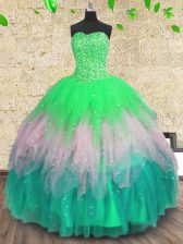  Multi-color Ball Gowns Sweetheart Sleeveless Tulle Floor Length Lace Up Beading and Ruffles and Sequins 15th Birthday Dress