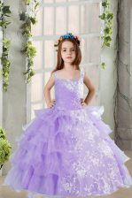  Organza Square Sleeveless Lace Up Beading and Ruffled Layers Little Girls Pageant Gowns in Lavender