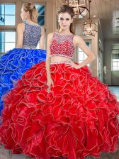 Glorious Red Sleeveless Organza Side Zipper 15 Quinceanera Dress for Military Ball and Sweet 16 and Quinceanera