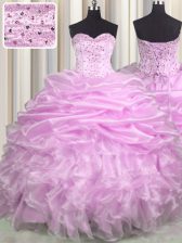  Sleeveless Organza Floor Length Brush Train Lace Up Quinceanera Dress in Lilac with Beading and Ruffles and Pick Ups