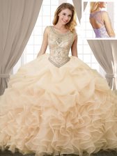  Champagne Organza Lace Up Scoop Sleeveless Floor Length Sweet 16 Dresses Beading and Ruffles and Pick Ups