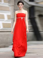 Dazzling Sleeveless Floor Length Beading and Ruching Zipper Dress for Prom with Coral Red
